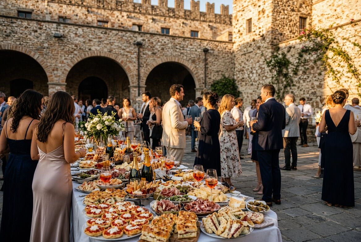 Buffet Marevanto in un cortile di pietra al tramonto